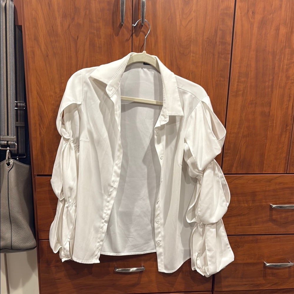 Ina White Ruffled Button Down Shirt with Dress Shirt Collar